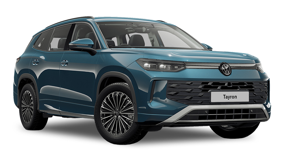 A blue Volkswagen Tayron SUV displayed on a white background, viewed from the front left angle.