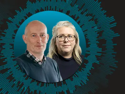 Podcast cover art featuring a man and a woman in a circular frame over a teal soundwave background, for the CIPS futures podcast.