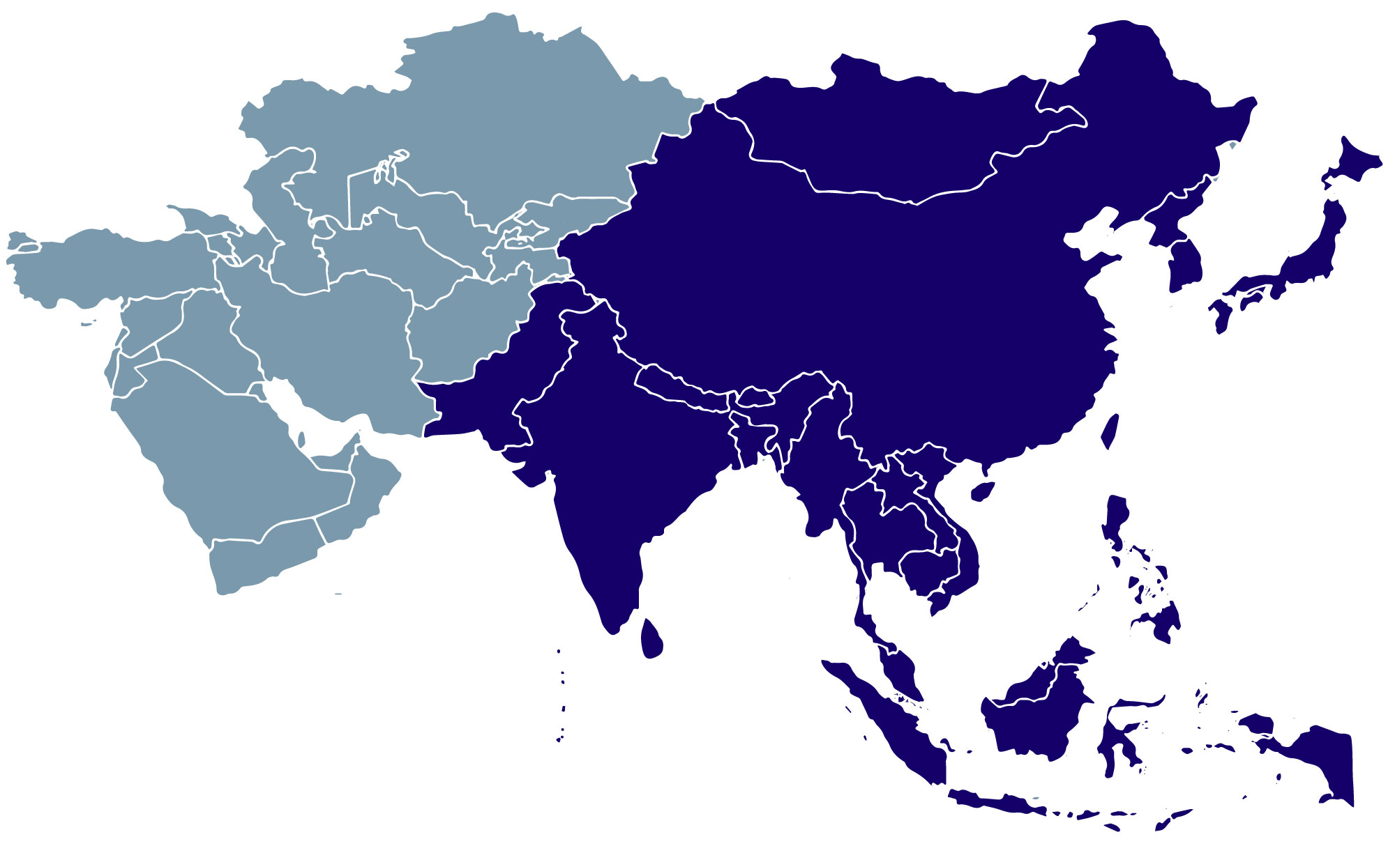 Map of Asia: several countries in South East Asia, South Asia, and East Asia are selected, including but not limited to: Indonesia, Cambodia, Myanmar, Phillippines, Thailand, Vietnam, China, Japan, Mongolia, North and South Korea, Taiwan, Bangladesh, india, and Pakistan.