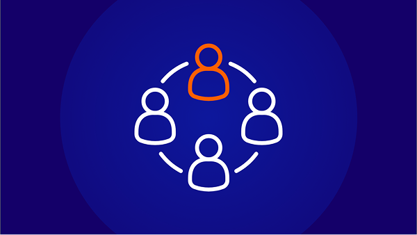 An icon depicting four person outlines in a circle, with one person at the top highlighted in an orange outline and the other three in white. A white dashed circle connects them. The background is a solid dark blue circle.