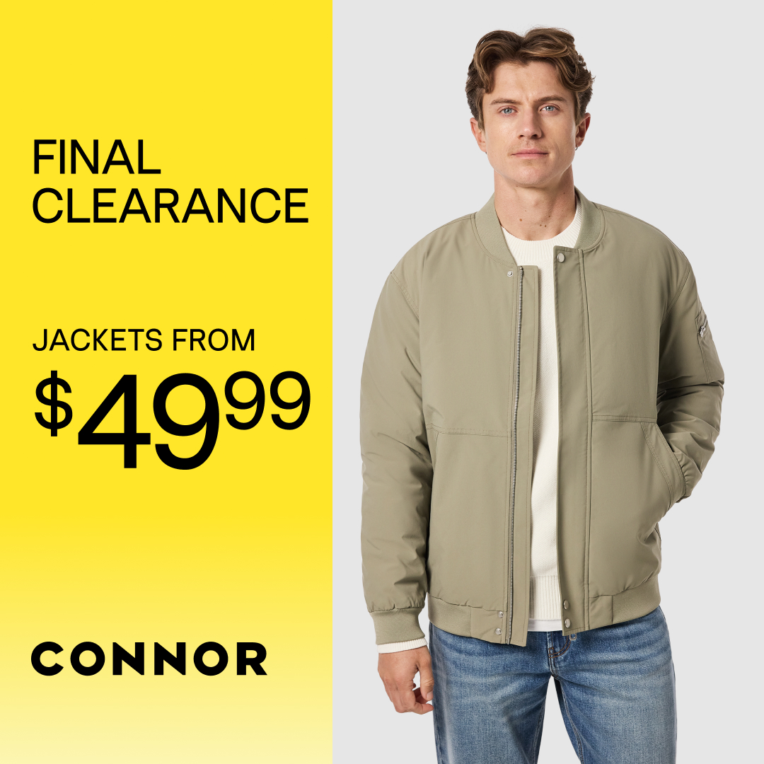 Promotional graphic for Connor's final clearance sale. A bright yellow panel on the left reads: "FINAL CLEARANCE. Knitwear from $24.99. Jackets from $49.99." The Connor logo appears at the bottom. On the right, two models walk outdoors; one wears a cream knit quarter-zip sweater with olive trousers and sunglasses, while the other wears a dark jacket over a black shirt.