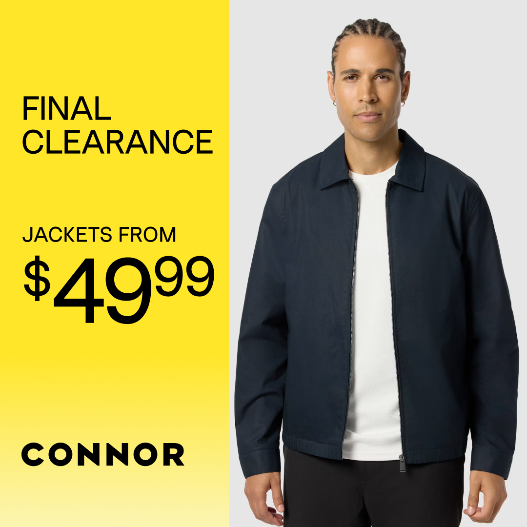 Promotional graphic for Connor's final clearance sale. A bright yellow panel on the left reads: "FINAL CLEARANCE. Knitwear from $24.99. Jackets from $49.99." The Connor logo appears at the bottom. On the right, two models walk outdoors; one wears a cream knit quarter-zip sweater with olive trousers and sunglasses, while the other wears a dark jacket over a black shirt.