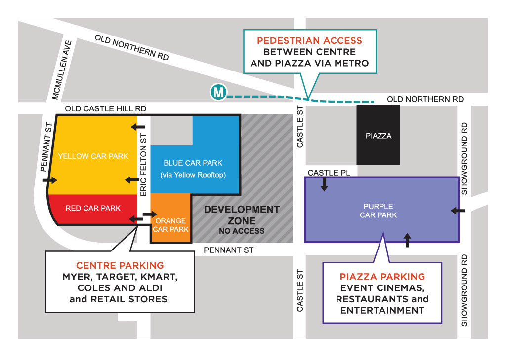 Castle Towers map showing the development zone and best parking for the centre