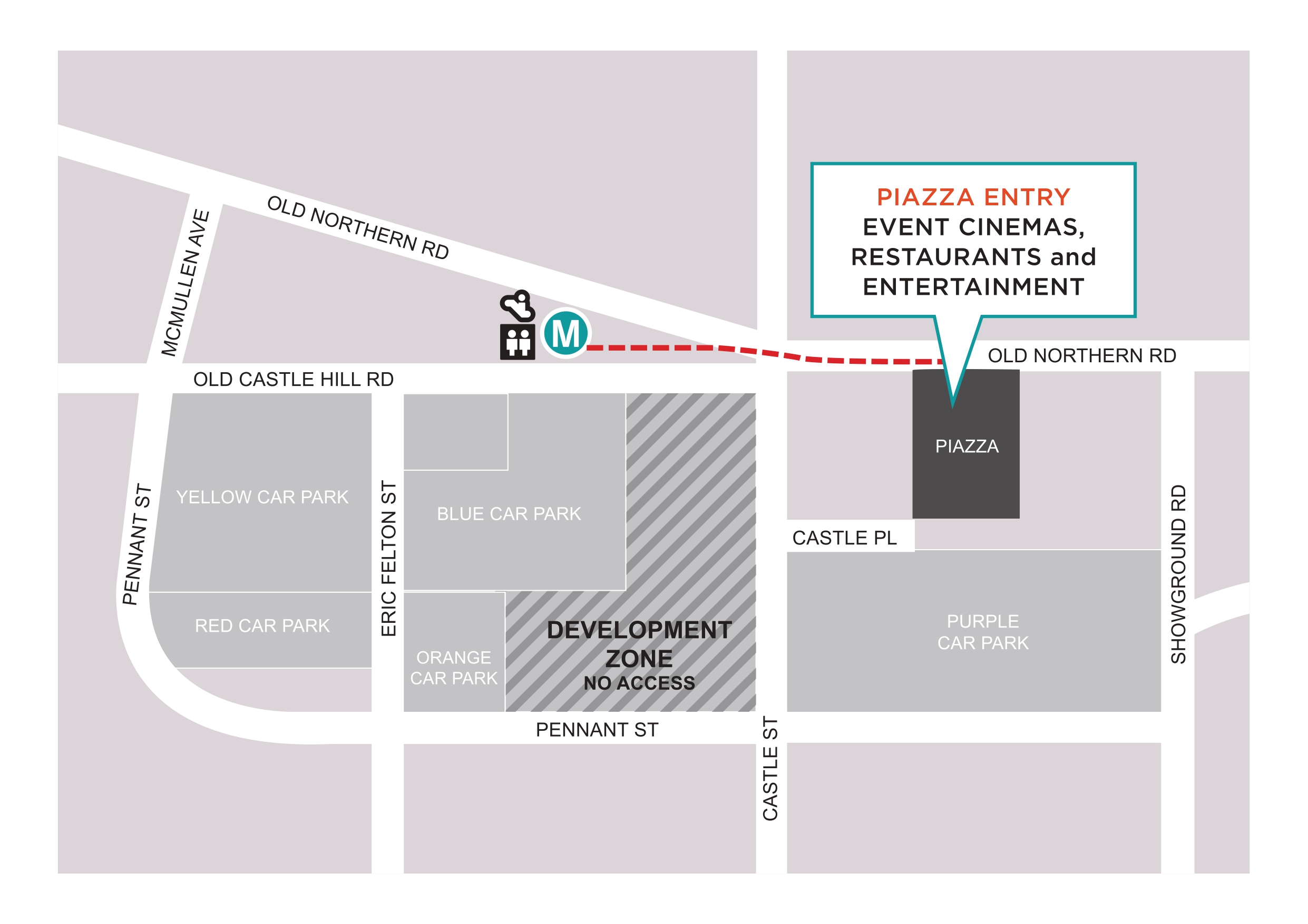Castle Towers map showing pedestrian link via the Metro between the main centre and The Piazza