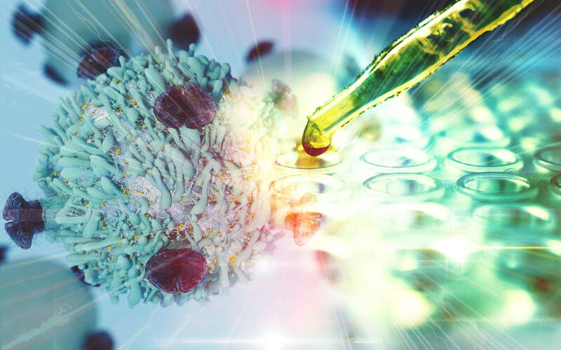 graphic of cancer cell and petri dish with pipette