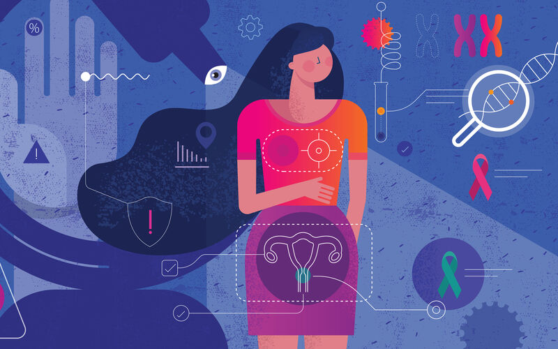 graphic image of a woman with a DNA, uterus, cancer awareness ribbon graphics around her