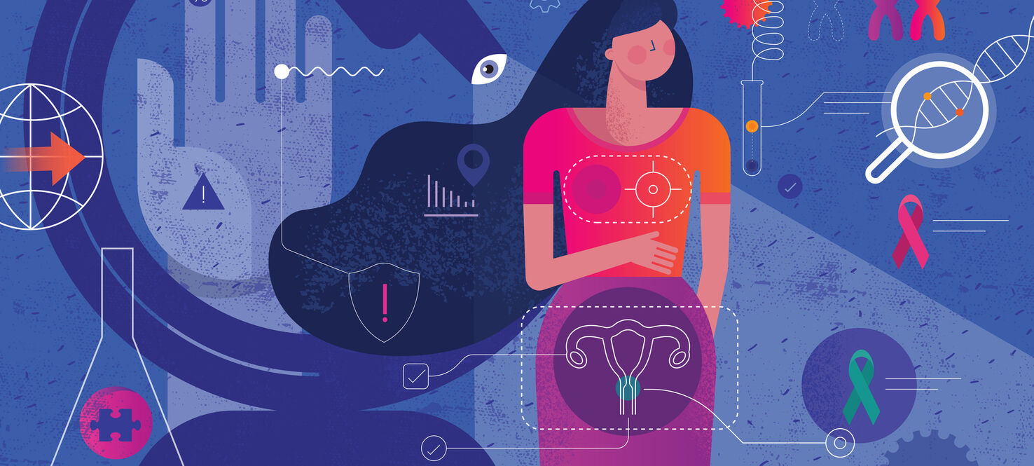 graphic image of a woman with a DNA, uterus, cancer awareness ribbon graphics around her