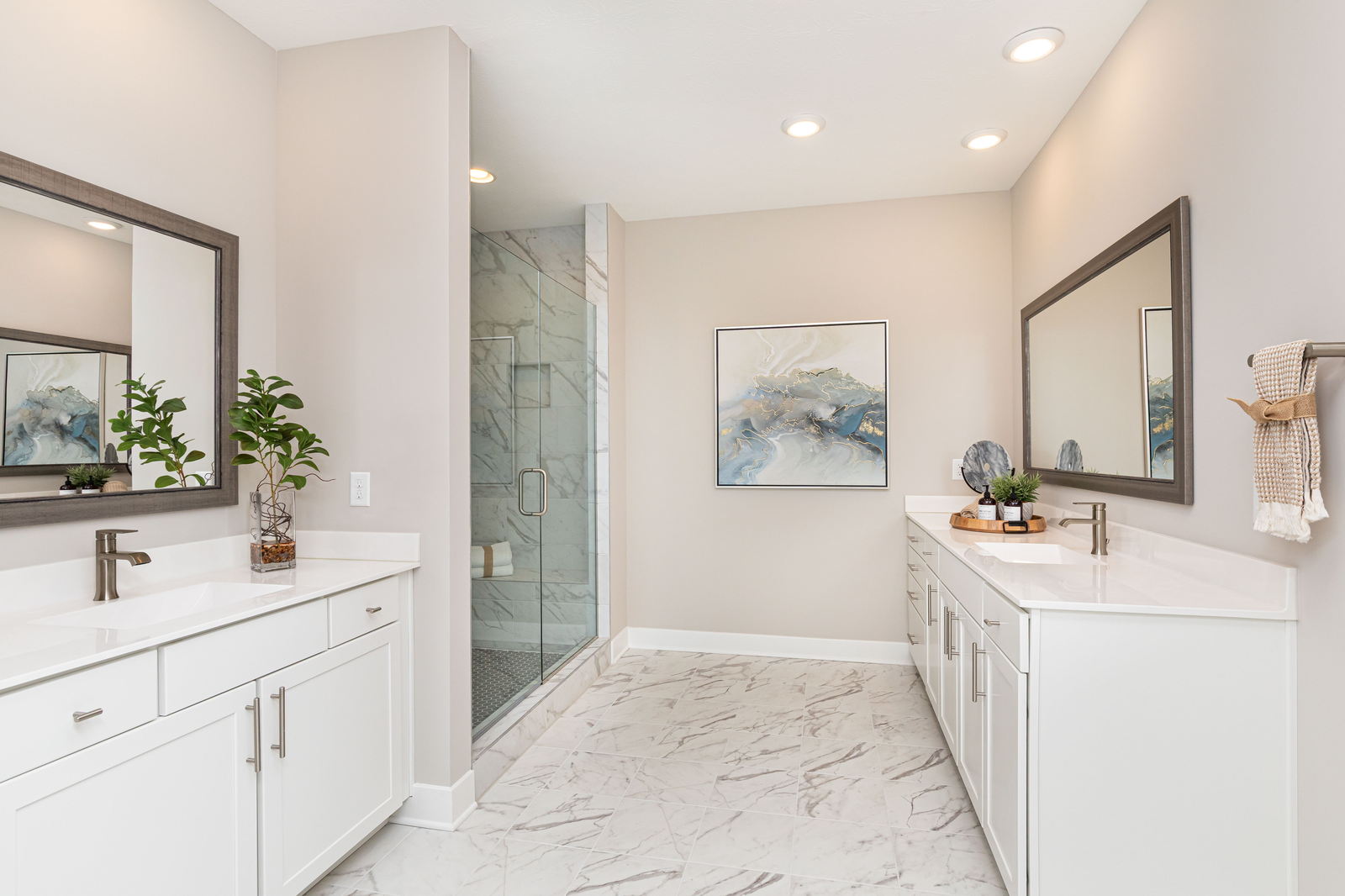 bathroom with white tile floor and walk-in shower