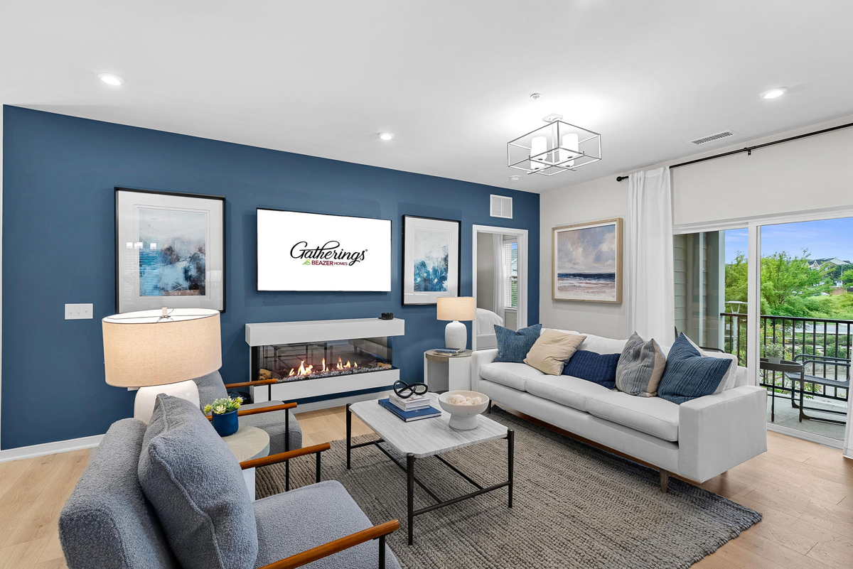 living room with fireplace and blue accent walls