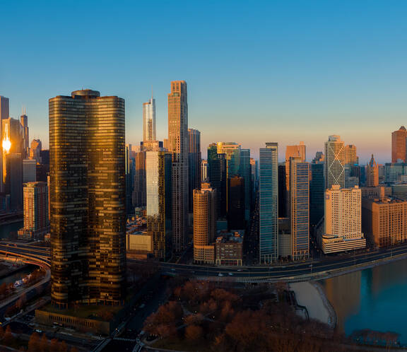 Panorama of sunrise on Chicago skyline