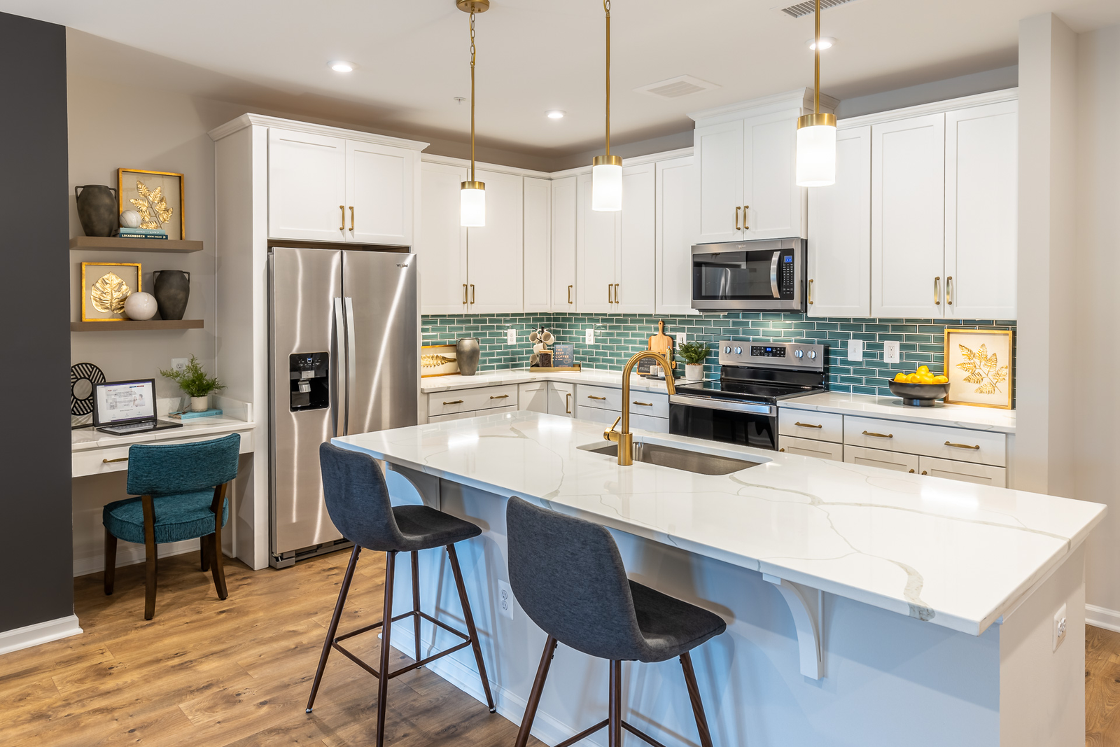 open kitchen with white cabinets