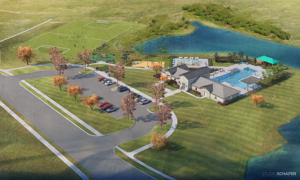 aerial view of the amenity center and pool