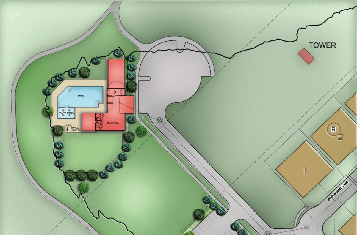 rendering of dog park, pool, and amenity center