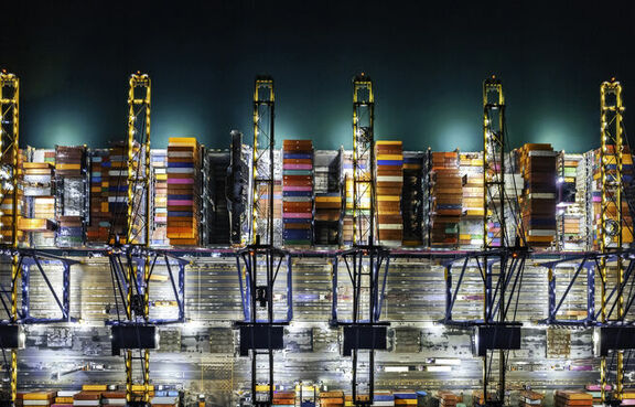 Birds eye view of container ships in dock