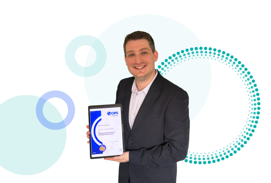 Portrait of Matt Stanhope-Smith holding up an MCIPS certificate. Decorative circles in the background