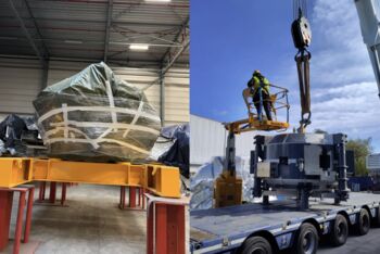 A photo collage shows two photos side by side. The photo on the left shows a large machine wrapped in a green tarp and tape. The photo on the right shows the machine being loaded onto a large truck with the assistance of freight workers.