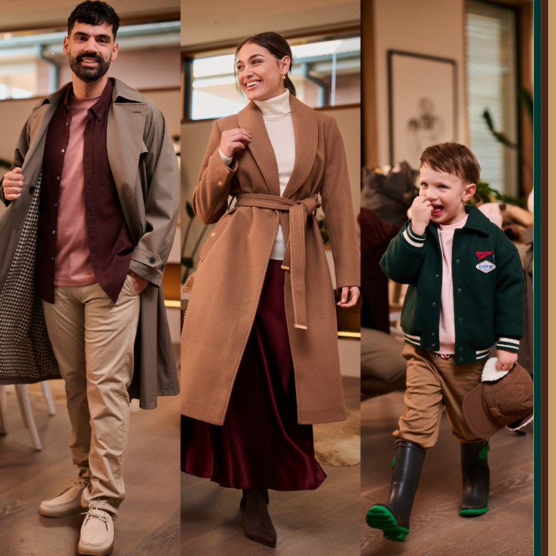 A collage showing people wearing winter outfits indoors, including relaxed outerwear, knits and everyday layers, alongside a child sitting at a table, capturing how winter pieces are worn across daily moments.