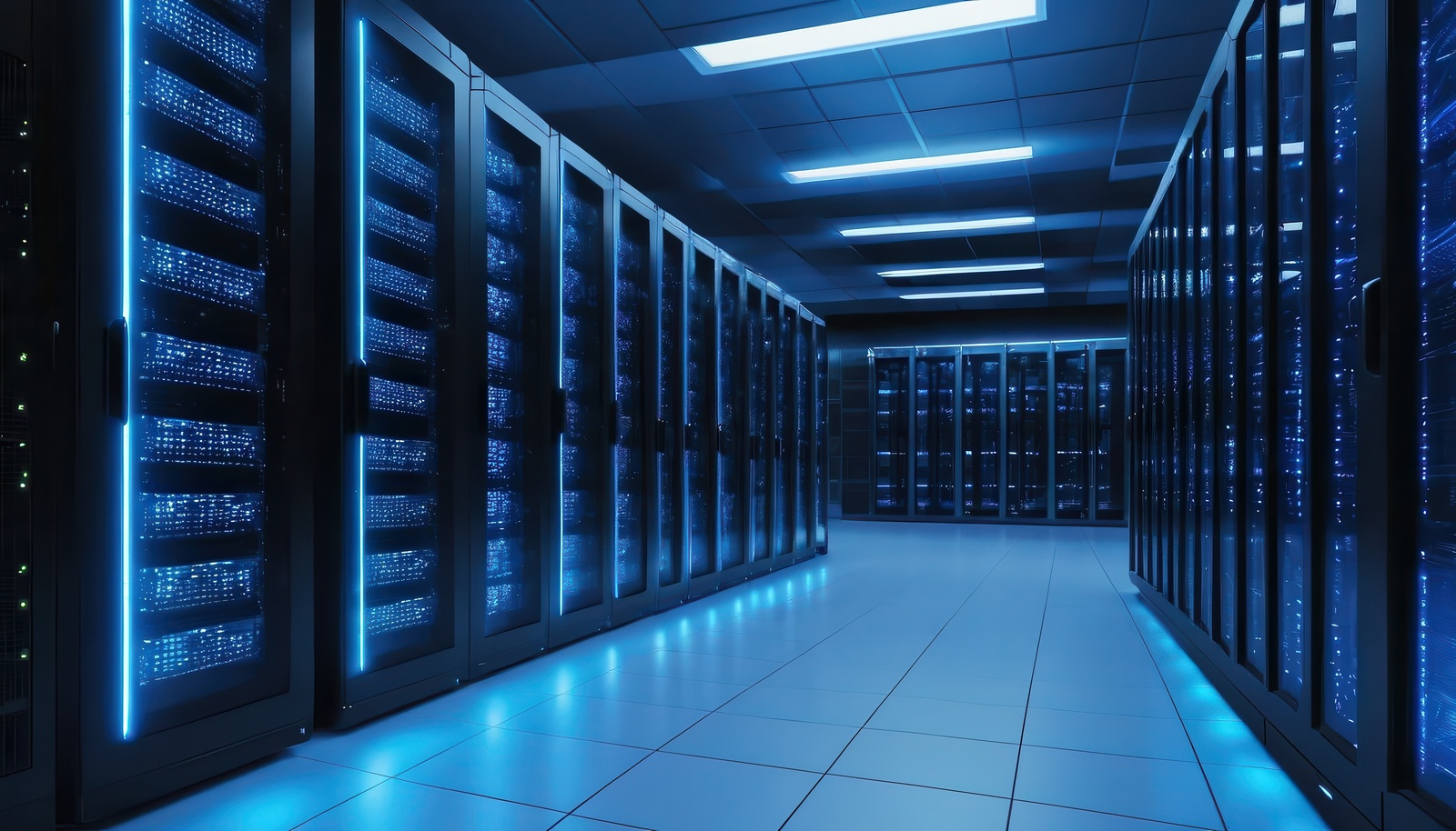 Servers at a data center with blue lighting