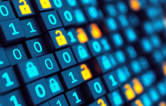 Screen showing binary code with locked and unlocked padlocks 