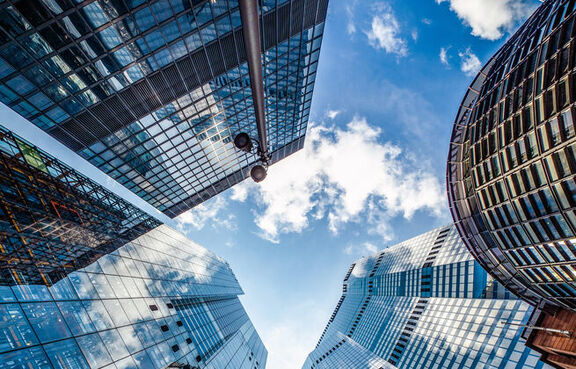 Low angle view of modern glass skyscrapers