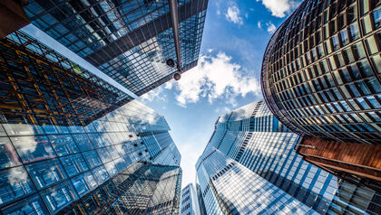 Low angle view of modern glass skyscrapers