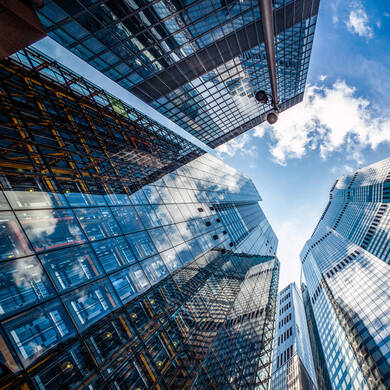 Low angle view of modern glass skyscrapers