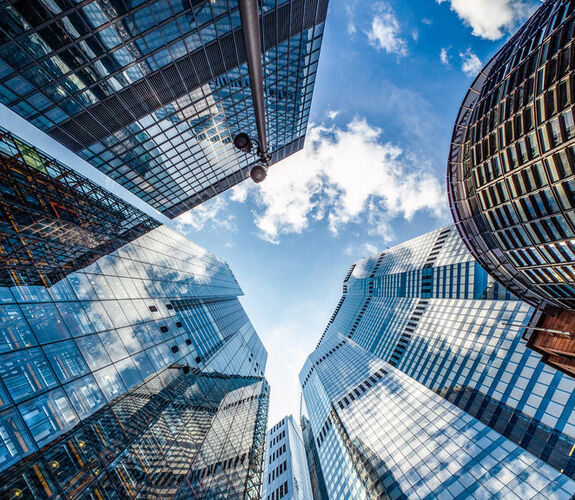 Low angle view of modern glass skyscrapers