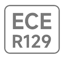 Grey and white label showing the text “ECE R129” inside a rectangular border. This indicates a child car seat that meets the ECE R129 (i-Size) safety standard.