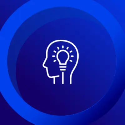 A line art icon of a human head silhouette in white, with a stylized lightbulb and radiating lines inside, representing an idea. The background is a dark blue circle surrounded by concentric blue gradient rings.