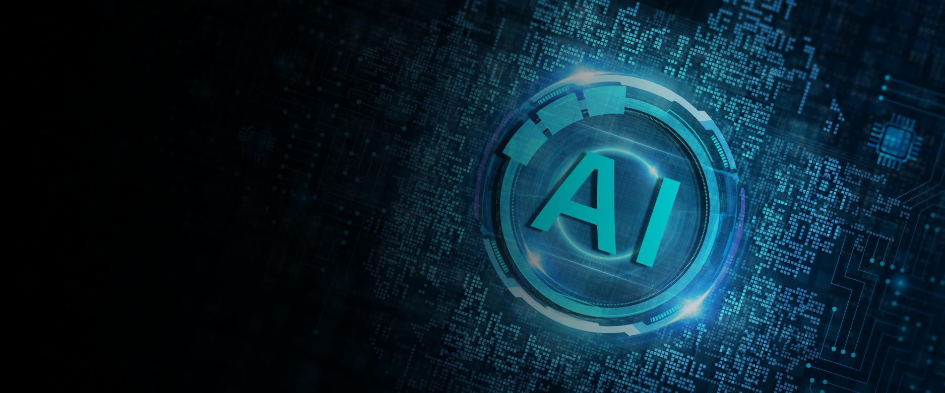 Artificial intelligence symbol within a futuristic digital interface on a blue technology background.