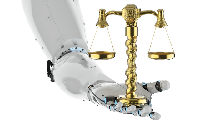 robot hand holding scales of justice