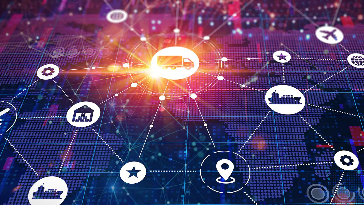 Abstract image of a nucleus with connected icons.