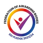 Logo for the Federation of Awarding Bodies EDI Pledge 2023/24. The circular badge features a multicolored gradient border and a figure with an upward-pointing checkmark in the center.
