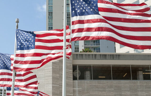 Row of American flags blowing in front of tall buildings