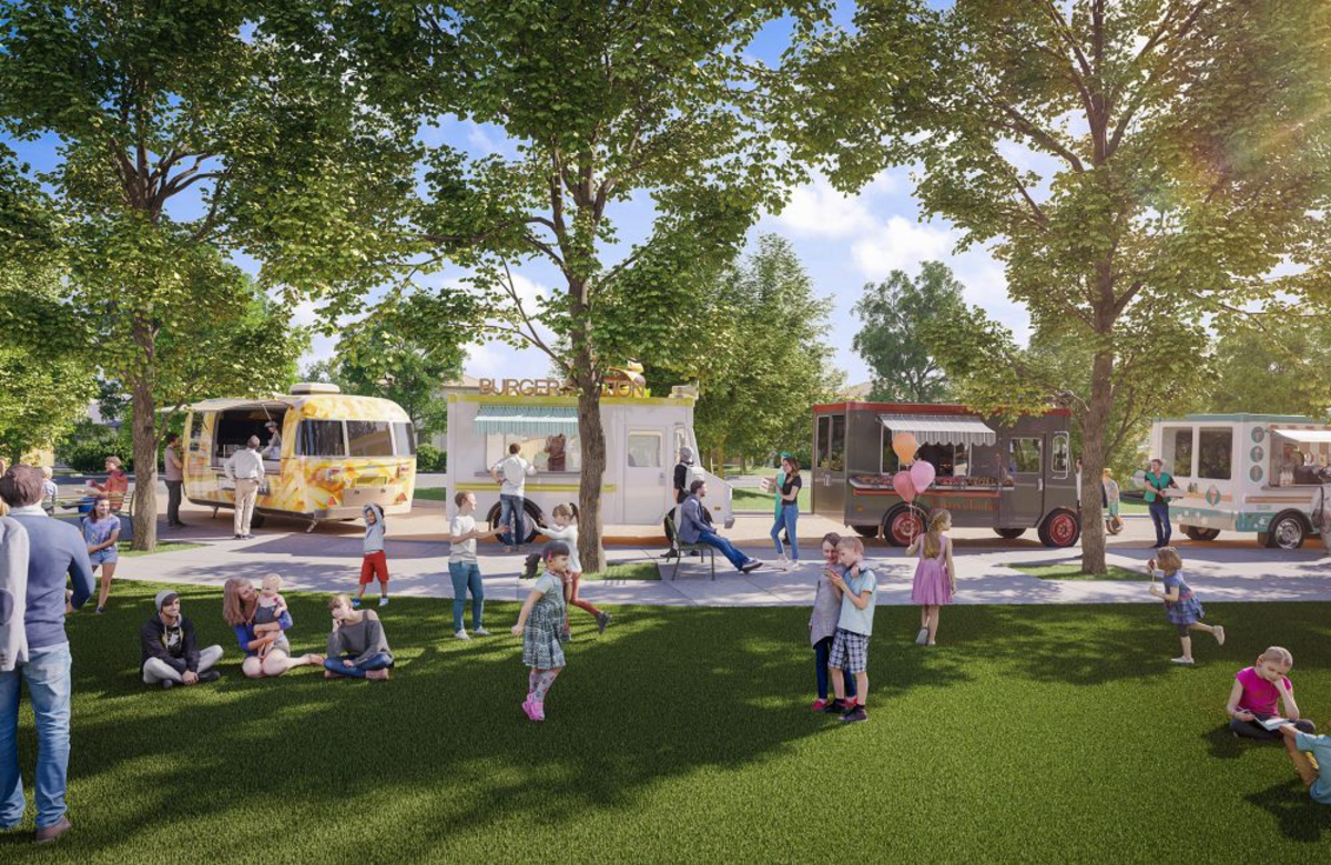 park with food trucks and people lounging