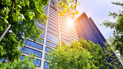 Bottom-up view of a skyscraper office building with green trees and blue sky