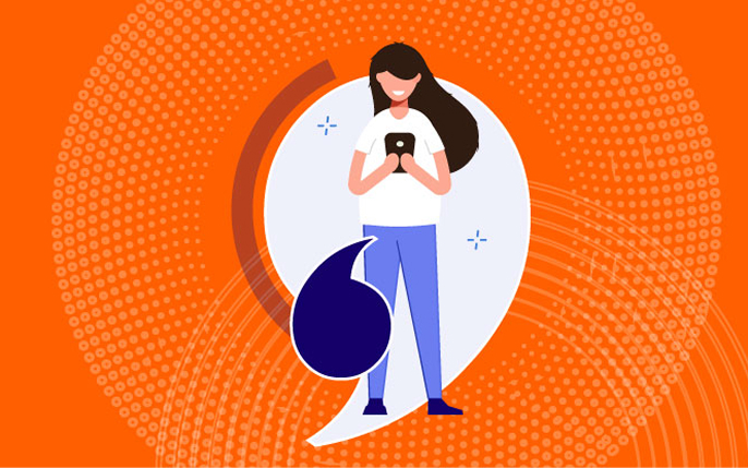 Illustration of a woman looking down at her phone, shown on a branded background with a ` shape