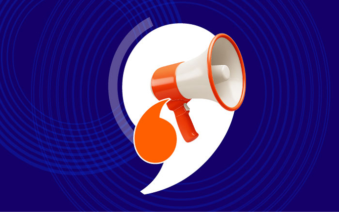 Large orange megaphone, shown on a branded background with a ` shape