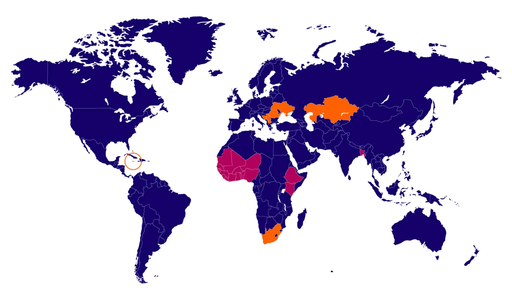 Global map. Countries marked in orange are: Jamaica, South Africa, Ukraine, Republika Srpska, Serbia, Bosnia, Macedonia, Kazakhstan, Kosovo. Countries marked in maroon are: Bangladesh, Bhutan, ethiopia, Kenya, Nigeria, Niger, Mali, Mauritania, Senegal, and other neighbouring countries in west africa