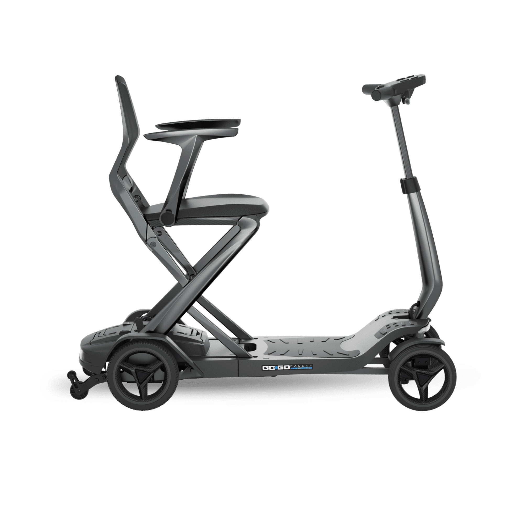 Pride Go Go Carbon mobility scooter in grey, with a lightweight carbon fibre frame, padded seat, adjustable tiller and four wheels.