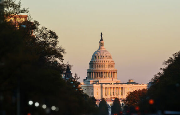 Washington D.C. Capitol Building at dusk with traffic lights