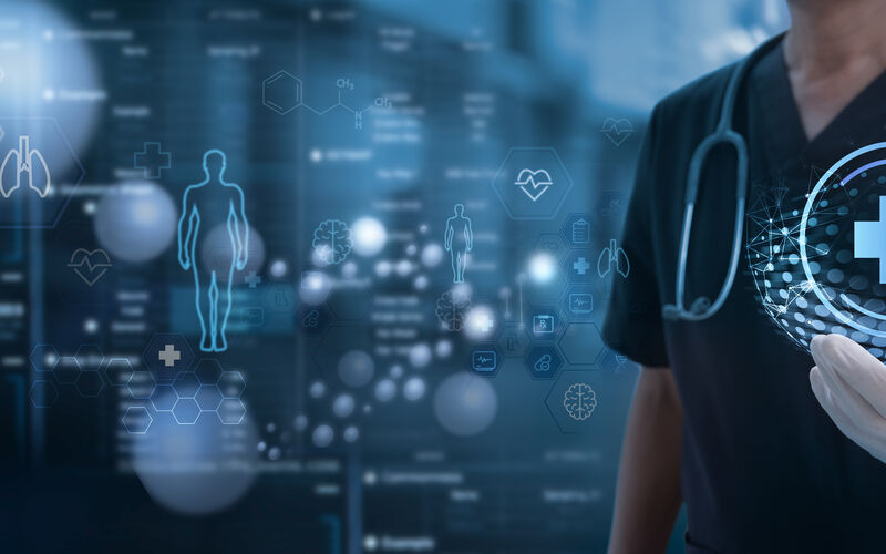 image of person in scrubs with different tech icons in the background