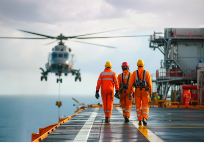 Helicopter hovering above a flight deck with men in orange walking towards it