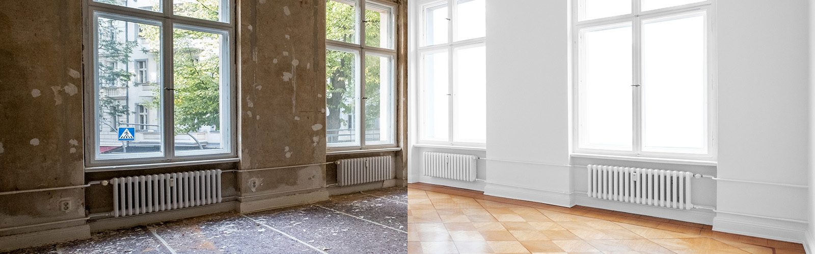A side by side image of a home in poor condition and the same home renovated