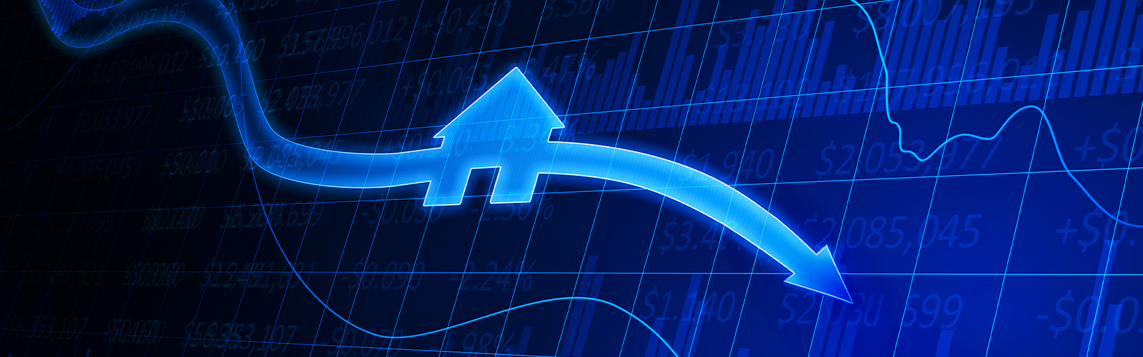 a graphic with a house and down arrow