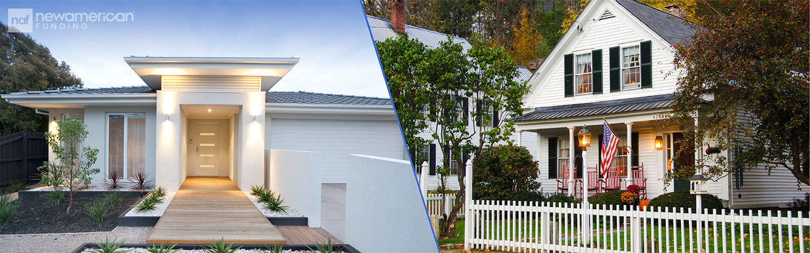 A new modern home on the left, and an older home on the right.