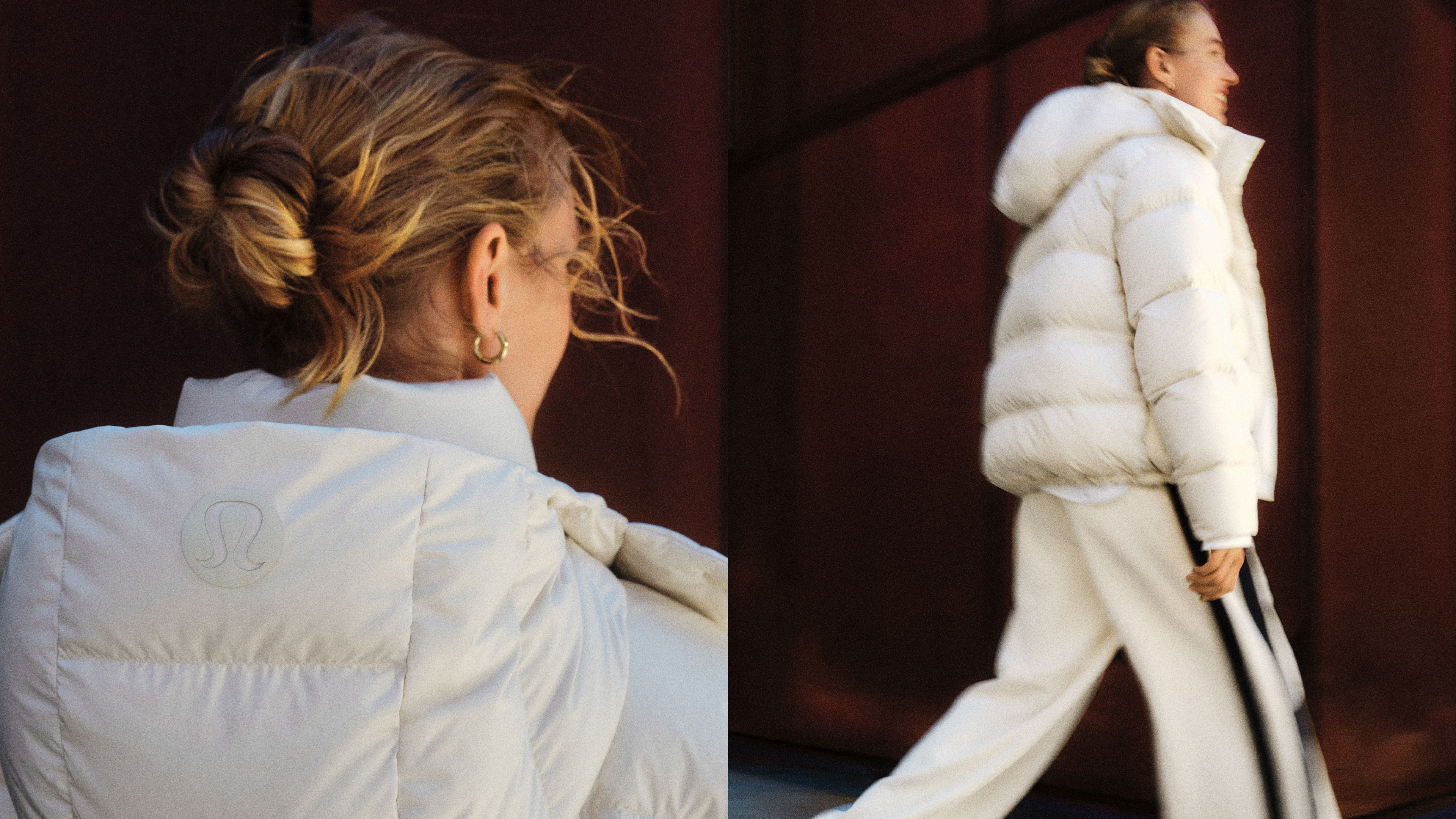woman wearing white lululemon puffer jacket and white and black striped pants