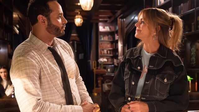 Morgan Gillory and Adam Karadec conversing in High Potential season 1