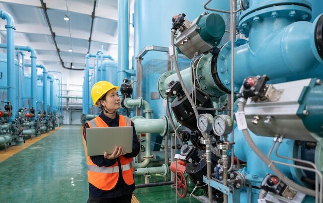 Factory engineer in hardhat with laptop