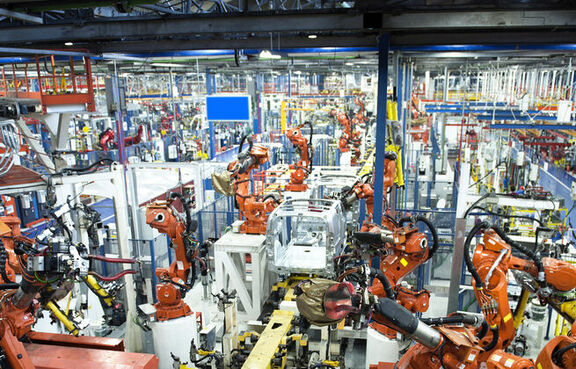 Industrial manufacturing robot assembly line